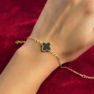 Gold Plated Stainless Steel Anti-Tarnish Black Clover Themed Wraparound Bracelet