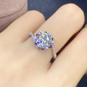 Silver Plated Anti Tarnish American Diamond Crushed Ice Cut Silver Hexagonal Finger Ring