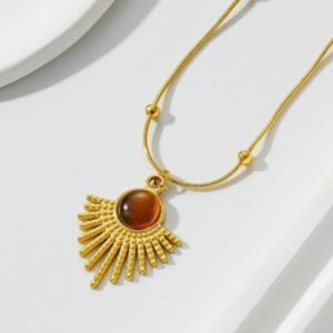 Gold Sunburst Stone Pendant Necklace