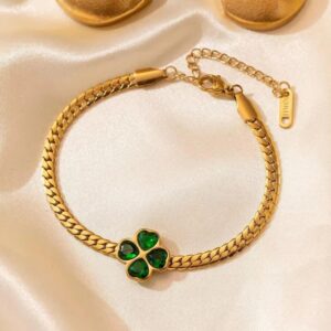 Gold Green Clover Snake Chain Bracelet