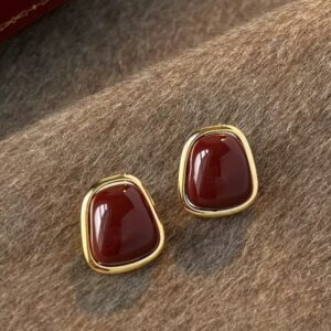 Gold Red Stone Stud Earrings
